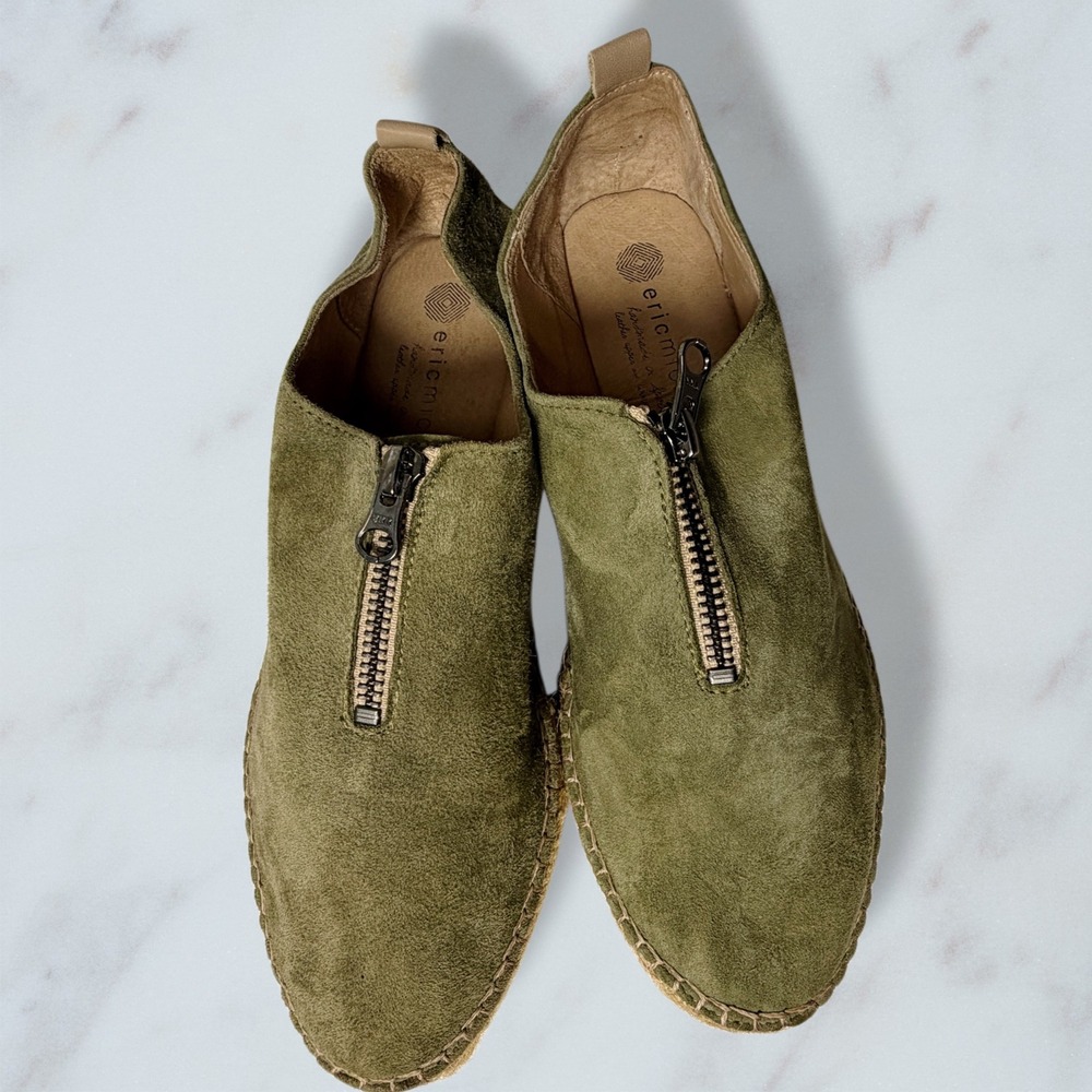 Eric Michael Serena Olive Green Suede Platform Espadrille Zipper Shoes 38 / 7.5